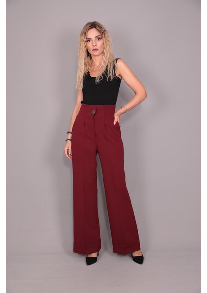 Duble Paça Yüksek Bel Pantolon-Bordo modelleri