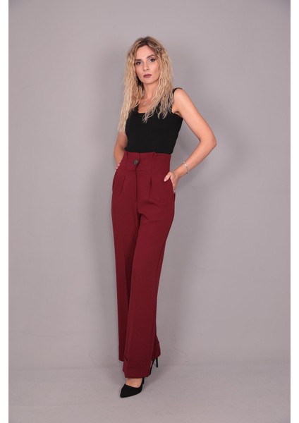 Duble Paça Yüksek Bel Pantolon-Bordo fırsatları