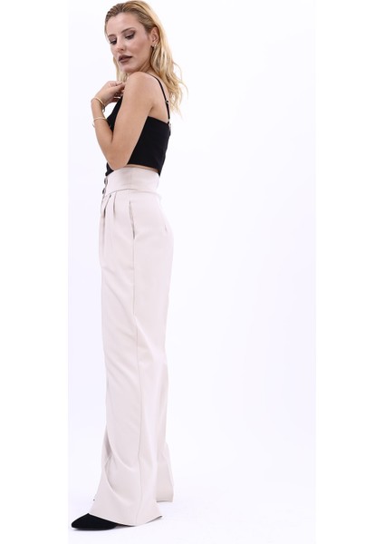 Yüksek Bel Pileli Bol Paça Pantolon-Bej fiyatları
