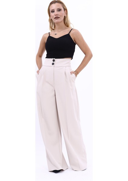 Yüksek Bel Pileli Bol Paça Pantolon-Bej indirimleri