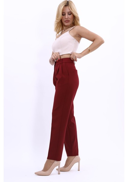 Kemerli Köprülü Dar Paça Pantolon-Bordo