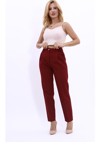 Kemerli Köprülü Dar Paça Pantolon-Bordo fırsatları