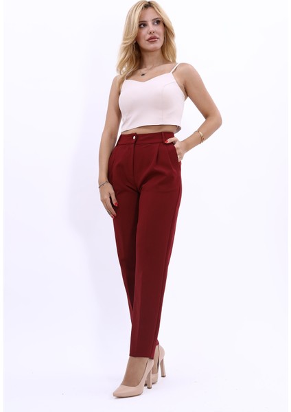 Kemerli Köprülü Dar Paça Pantolon-Bordo indirimleri