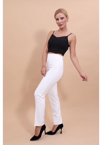 Beli Lastikli Fermuarlı Boru Paça Pantolon -Beyaz