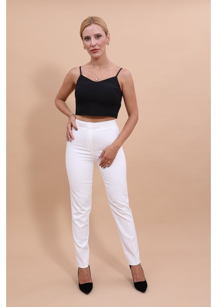 Beli Lastikli Fermuarlı Boru Paça Pantolon -Beyaz fiyatları