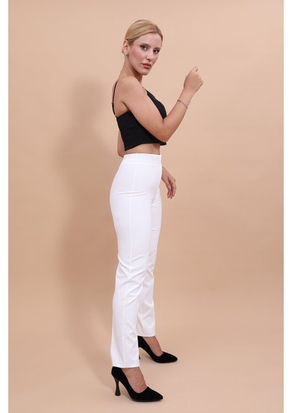 Beli Lastikli Fermuarlı Boru Paça Pantolon -Beyaz modelleri