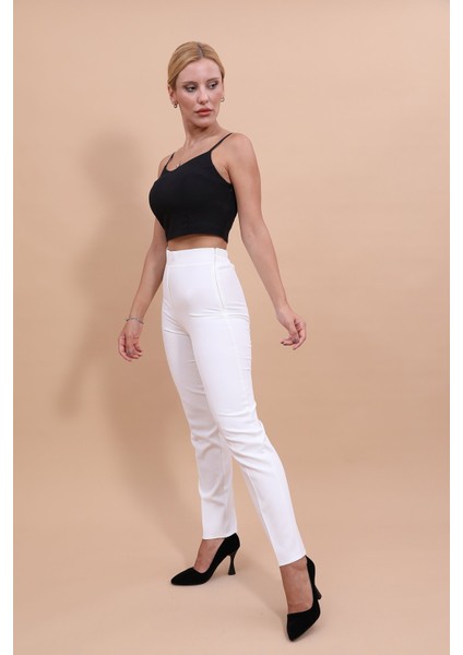 Beli Lastikli Fermuarlı Boru Paça Pantolon -Beyaz fırsatları