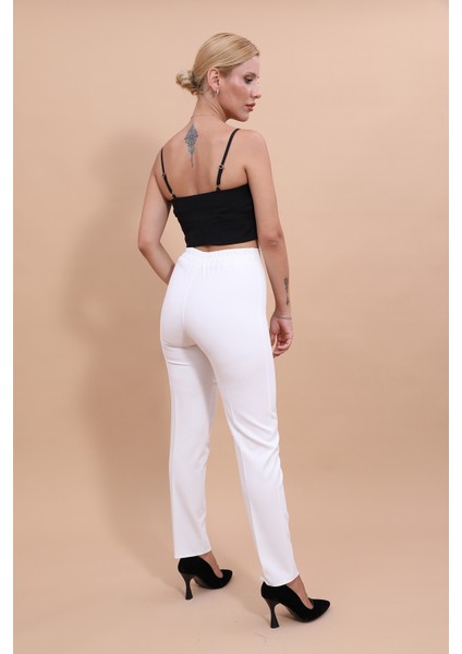 Beli Lastikli Fermuarlı Boru Paça Pantolon -Beyaz indirimleri