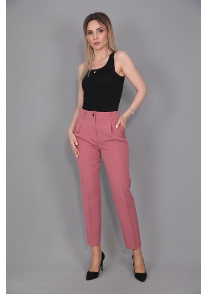 Kemerli Köprülü Dar Paça Pantolon-Gül Kurusu