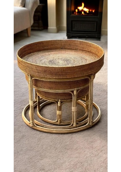 Üçlü Rattan Bambu Sehpa,üçlü Zigon Rattan Bambu Sehpa,üçlü Hasır Orta Sehpa modelleri