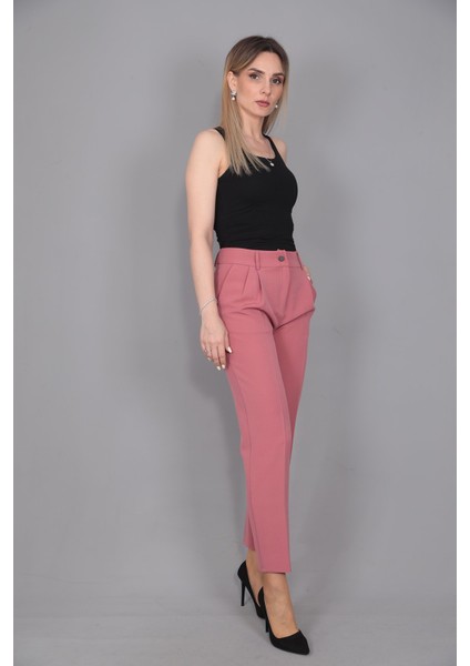 Kemerli Köprülü Dar Paça Pantolon-Gül Kurusu modelleri