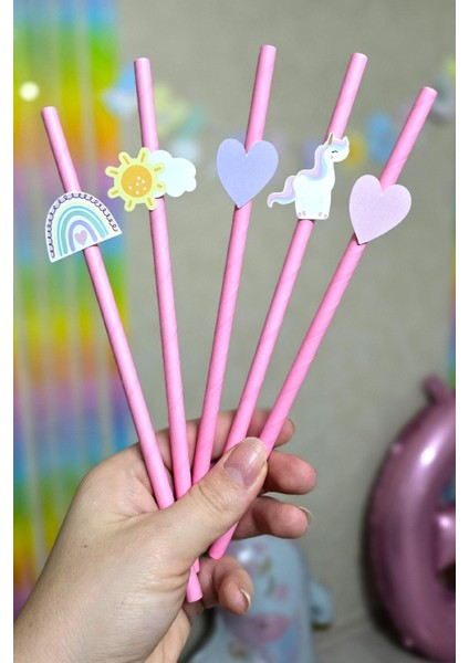 Gökkuşağı Unicorn Tema Pipet Süsleri 10LU Unicorn Konsept Lüks Pipet Paketi