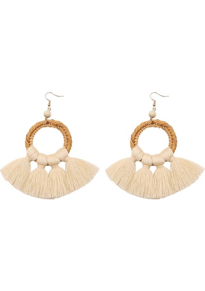 2 Çift Etnik Tarzı Pamuk Püskül Küpe (Beige ) (Yurt Dışından)
