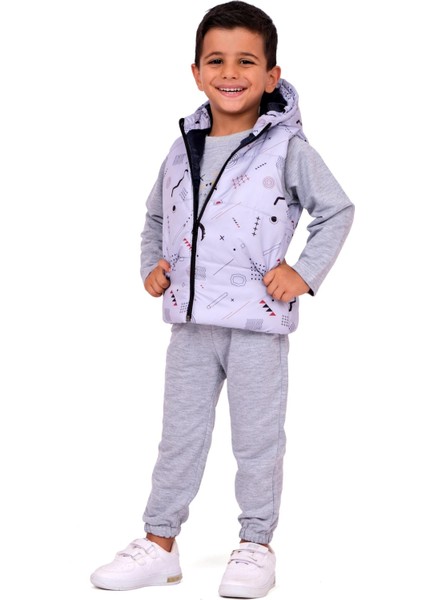 Erkek Bebek Kapüşonlu Yelekli 3'lü Takım - Gri