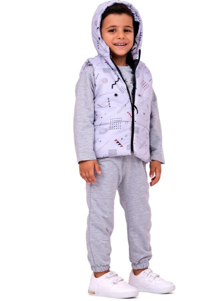 Erkek Bebek Kapüşonlu Yelekli 3'lü Takım - Gri
