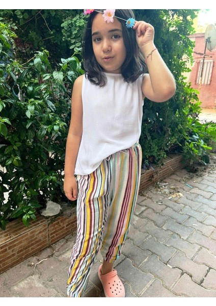 Fancy Kids Kız Çocuk İkili Takım Beyaz Bluz Renkli Çizgili Pantolon