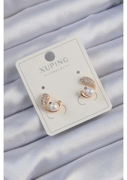 Xuping Rose Gold Renk Zirkon Taşlı Incili Yunus Ballığı Küpe