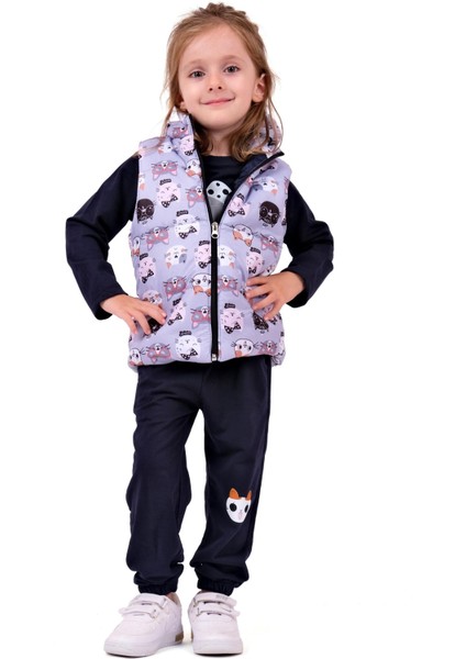 Kız Bebek Sevimli Kedi Desenli Takım - Lila