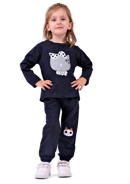 Kız Bebek Sevimli Kedi Desenli Takım - Lila