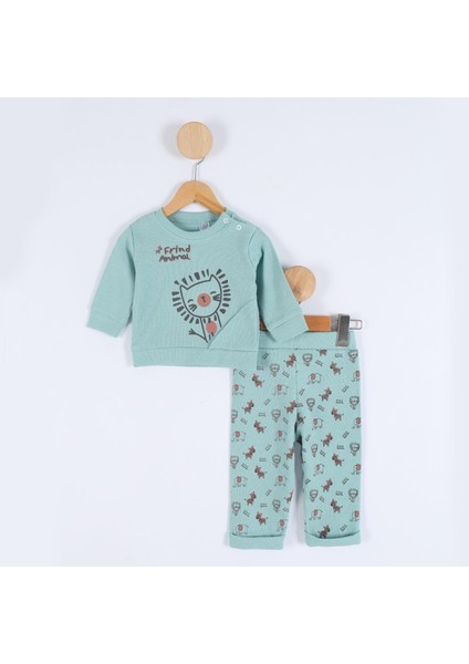 Erkek Bebek Aslan Desenli Ikili Takım - Mint Yeşili