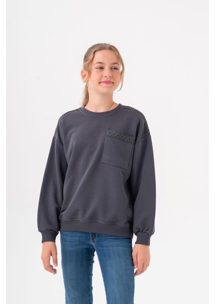 Kız Çocuk Cep Omuz Şeritli Sweatshirt - Füme fiyatları