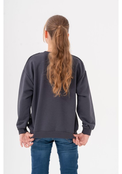 Kız Çocuk Cep Omuz Şeritli Sweatshirt - Füme modelleri