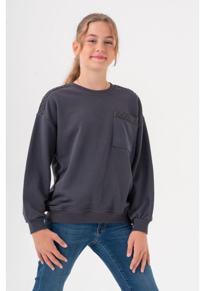 Kız Çocuk Cep Omuz Şeritli Sweatshirt - Füme fırsatları