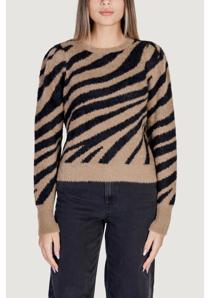 Kadın Onlpıumo Bisiklet Yaka Desenli Uzun Kollu Örme Kazak 15324222 Kahverengi