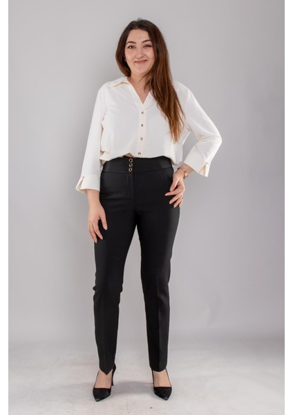 Kadın Büyük Beden Geniş Kemerli Düğmeli Pantolon 70527 Siyah