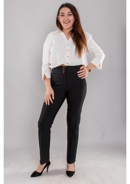 Kadın Büyük Beden Geniş Kemerli Düğmeli Pantolon 70527 Siyah fiyatları
