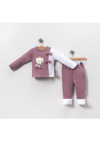 Kız Bebek Taçlı Cute Cat Ikili Takım - Gül Kurusu