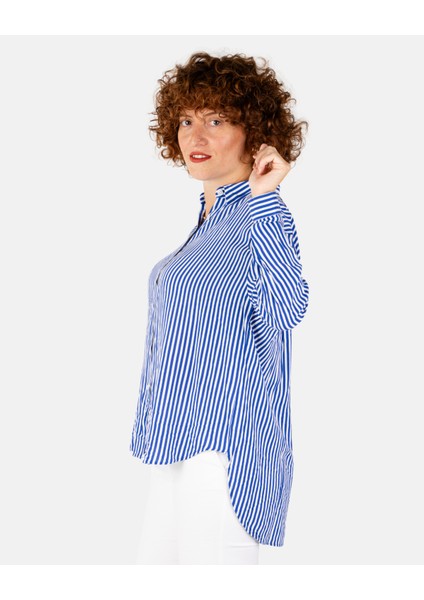 Düşük Omuzlu Mavi-Beyaz Çizgili Kadın Oversize Gömlek
