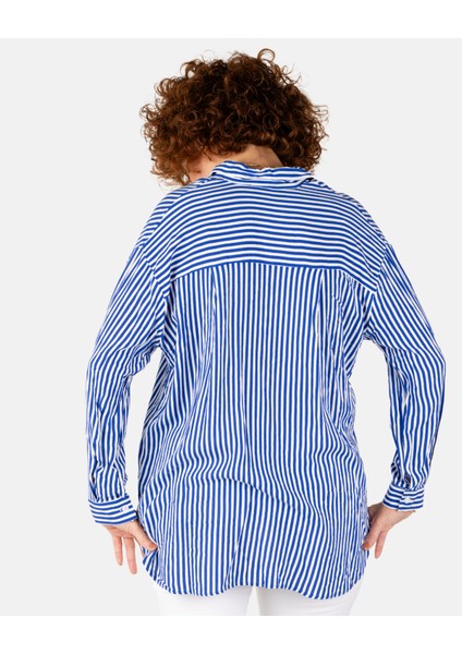 Düşük Omuzlu Mavi-Beyaz Çizgili Kadın Oversize Gömlek fırsatları