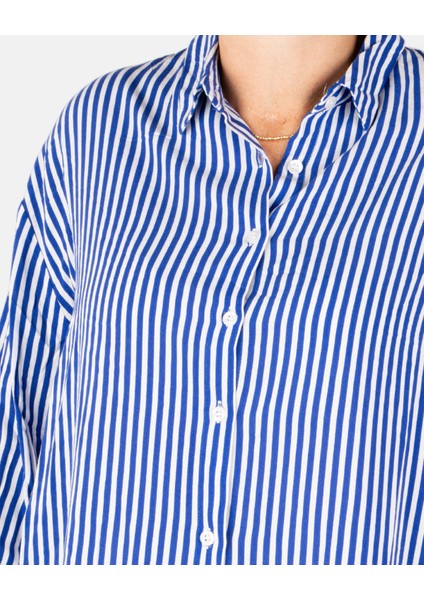Düşük Omuzlu Mavi-Beyaz Çizgili Kadın Oversize Gömlek indirimleri
