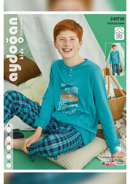 Erkek Garson Bora Interlok Turkuaz Pijama Takım 0726