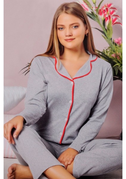 P-7026 Kadın Uzun Kollu Gömlek Yaka Pijama Takımı Gri