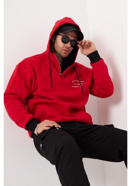 You Dont Have To Be Perfect Yazılı Kapüşonlu Bağcık Detaylı Fermuar Kapamalı Oversize Sweatshirt