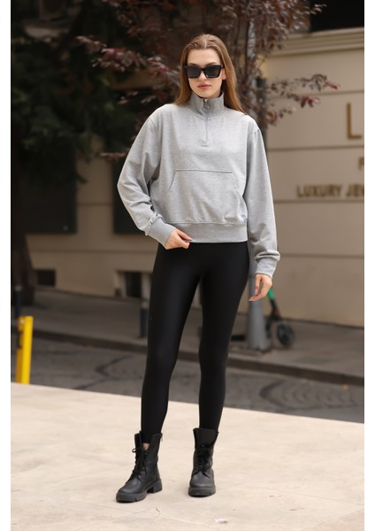 Sweatshirt Gri Kadın Yarım Fermuarlı Özel Tasarım