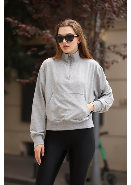 Sweatshirt Gri Kadın Yarım Fermuarlı Özel Tasarım modelleri