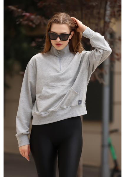 Sweatshirt Gri Kadın Yarım Fermuarlı Özel Tasarım fırsatları