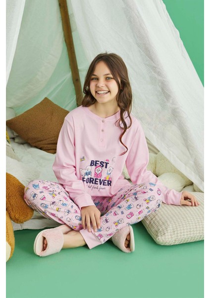 Kız Garson Koza Interlok Best Pembe Pijama Takım 0724
