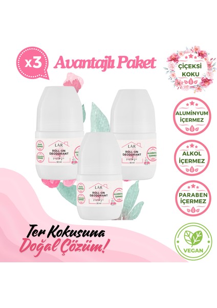 Alüminyumsuz Alkolsüz Parabensiz Vegan Çiçeksi Kokulu Roll-on Deodorant 3lü Avantajlı Paket 50ml