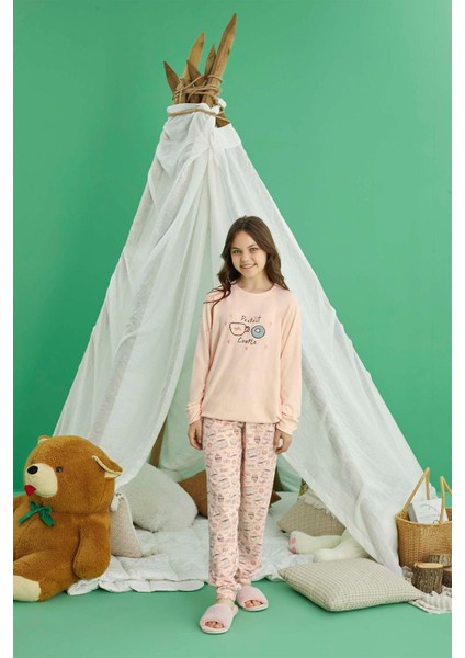 Kız Garson Belur Termal Şeftali Rengi Pijama Takım 0889