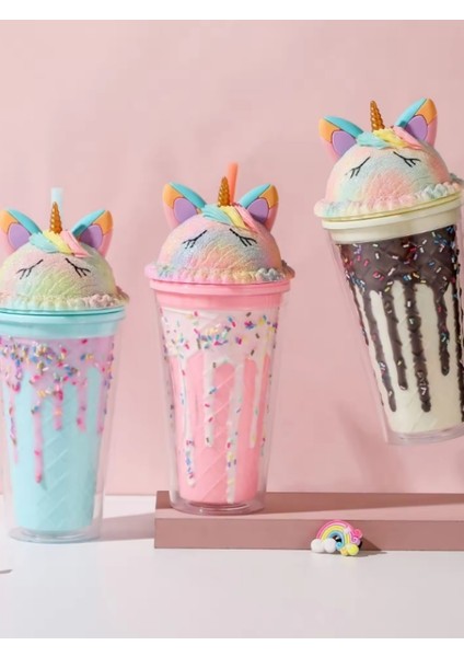 Çift Duvarlı Tumbler Pipetli Ice Cream Unicorn Pipetli Milkshake Bardağı 450 ml