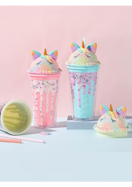 Çift Duvarlı Tumbler Pipetli Ice Cream Unicorn Pipetli Milkshake Bardağı 450 ml