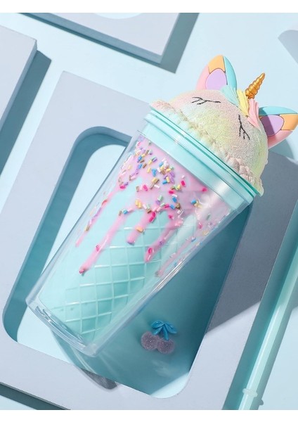 Çift Duvarlı Tumbler Pipetli Ice Cream Unicorn Pipetli Milkshake Bardağı 450 ml