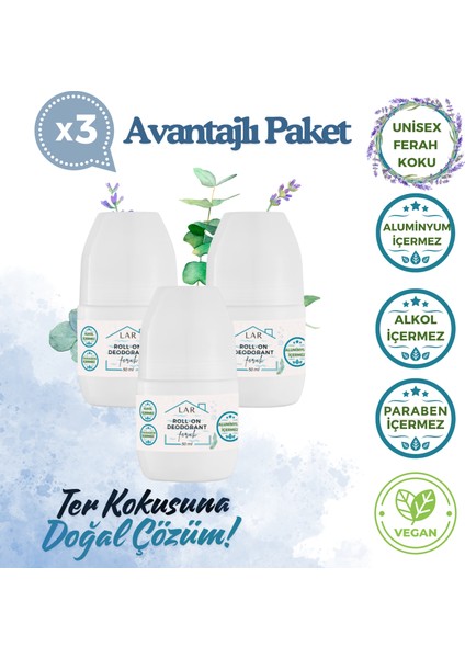Alüminyumsuz Alkolsüz Parabensiz Vegan Unisex Ferah Kokulu Roll-on Deodorant 3lü Avantajlı Paket 50ml