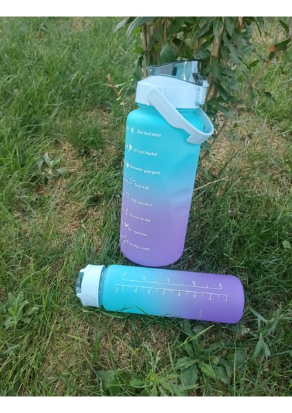 Motivasyonel 2 Lt + 900 ml 2'li Sporcu Motivasyon Su Matarası Dayanıklı Mavi Mor
