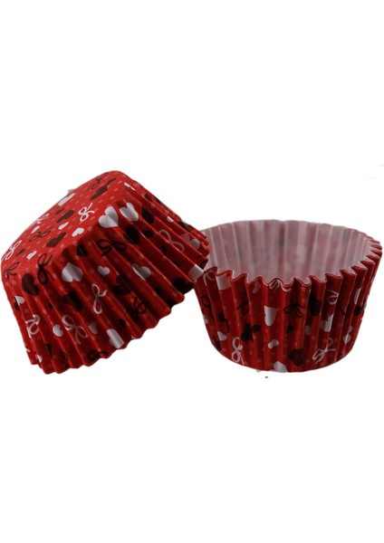 Tahtakale Toptancı Kek Kalıbı Pet Kapsül 52X45 mm Kağıt Cupcake Kağıdı (100 Adet)  Kırmızı Üzeri Fiyonk ve Kalp Desenli