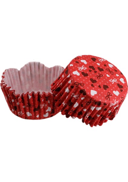 Tahtakale Toptancı Cupcake Kalıbı Pet Kapsül Dalgalı Kırmızı Üzeri Fiyonk ve Kalp Desenli Kek Kalıbı 65X38 mm (100 Adet)